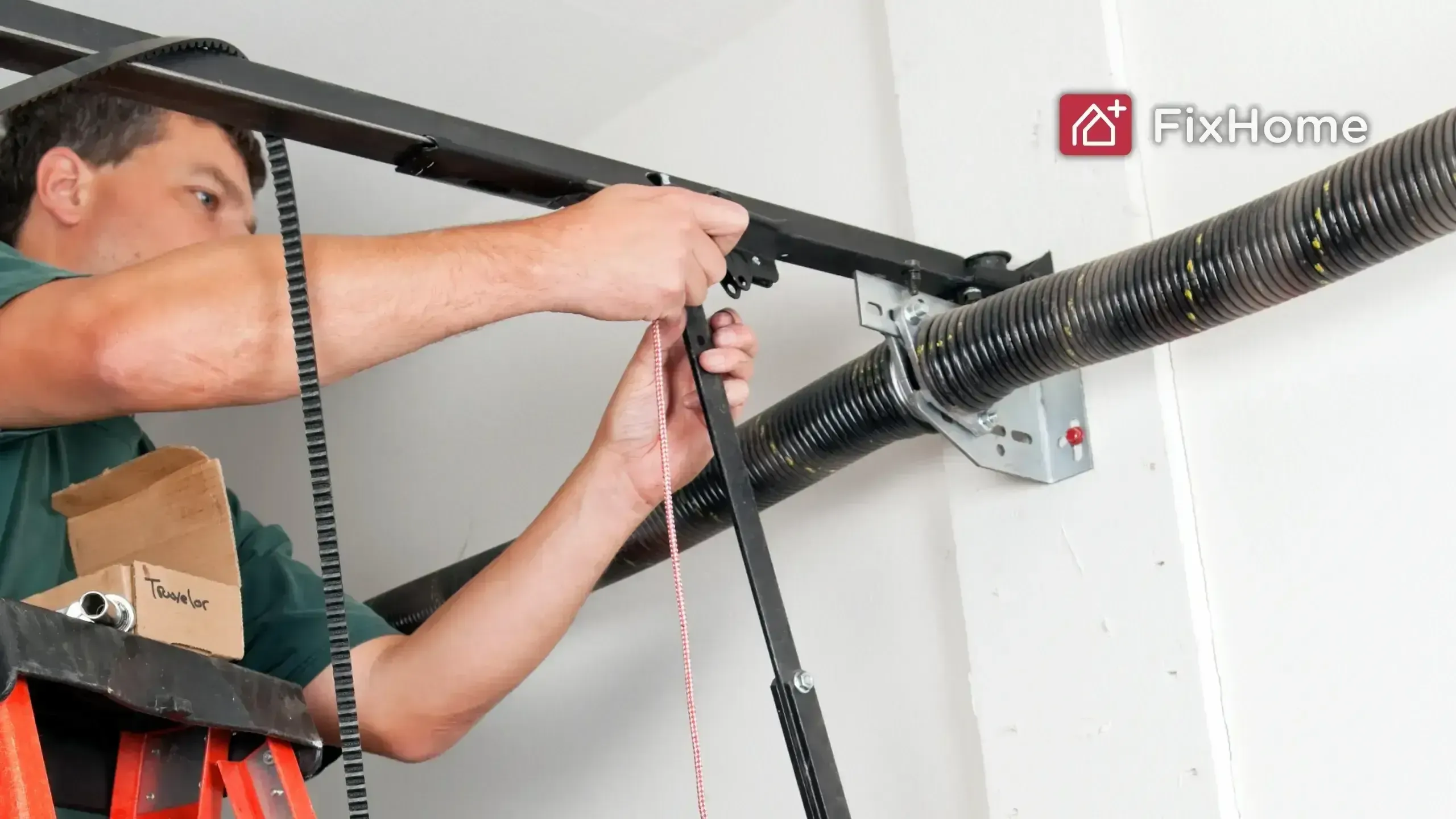 A handyman on a ladder, fixing a garage door mechanism with black cables and pulleys.