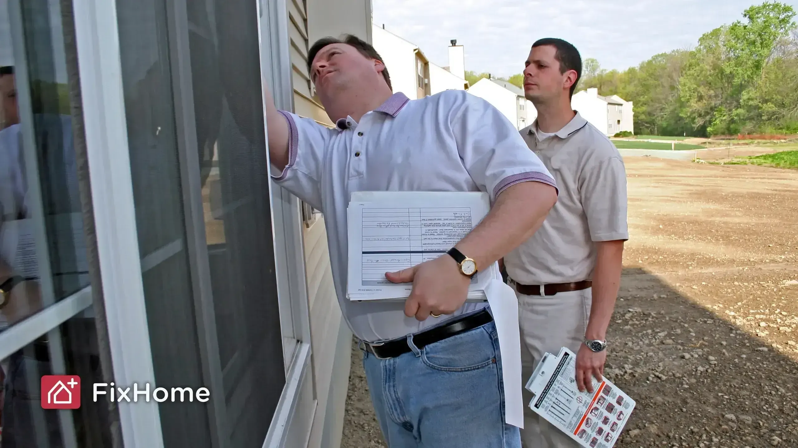 Two men inspecting a house, one pointing at a window with paperwork in his hands.