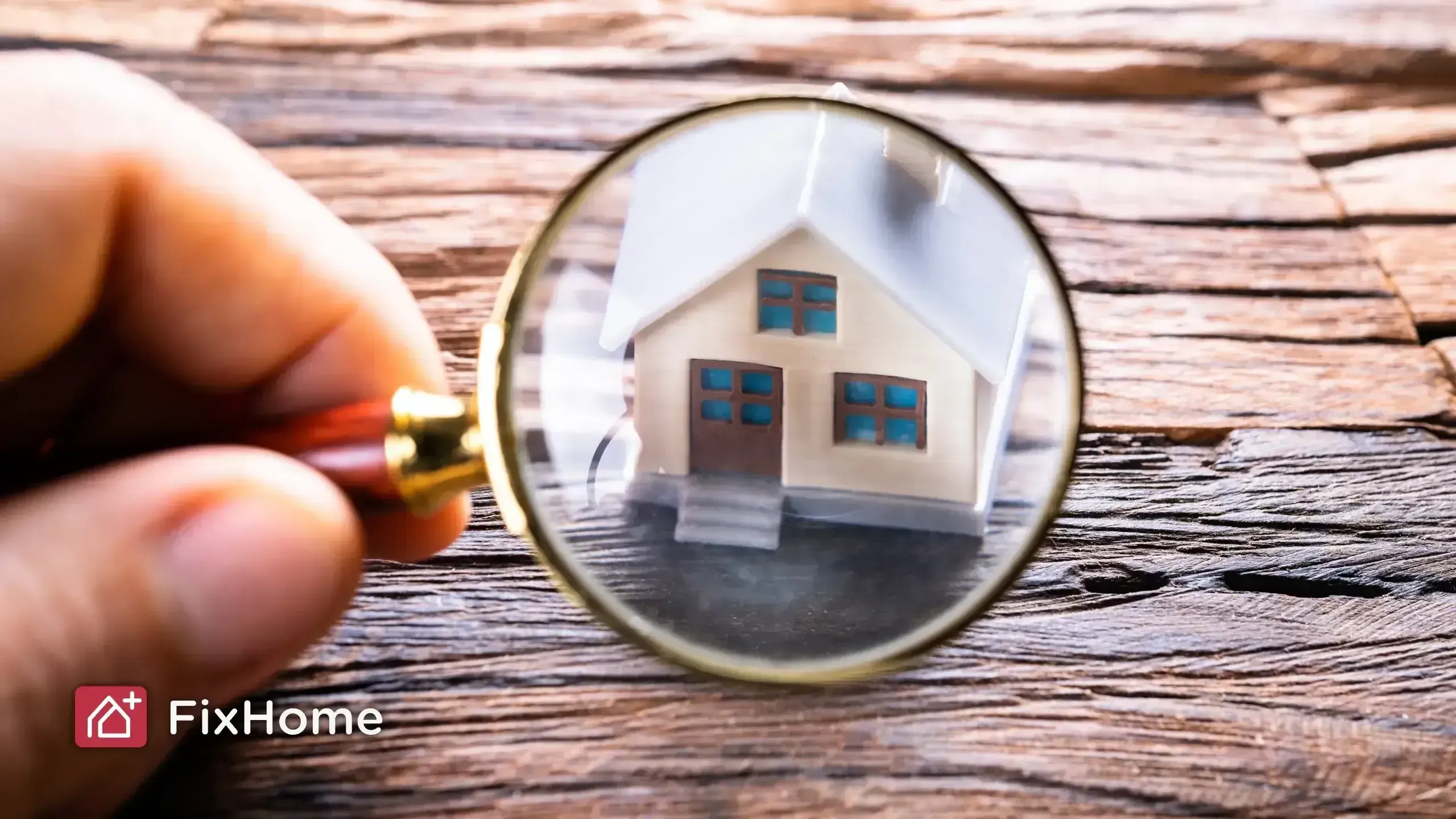 A person holding a magnifying glass over a small model house on a wooden table.