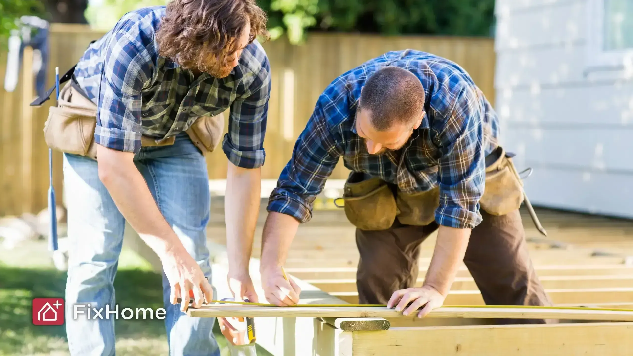 Two contractors in plaid shirts and tool belts measuring a piece of lumber outdoors