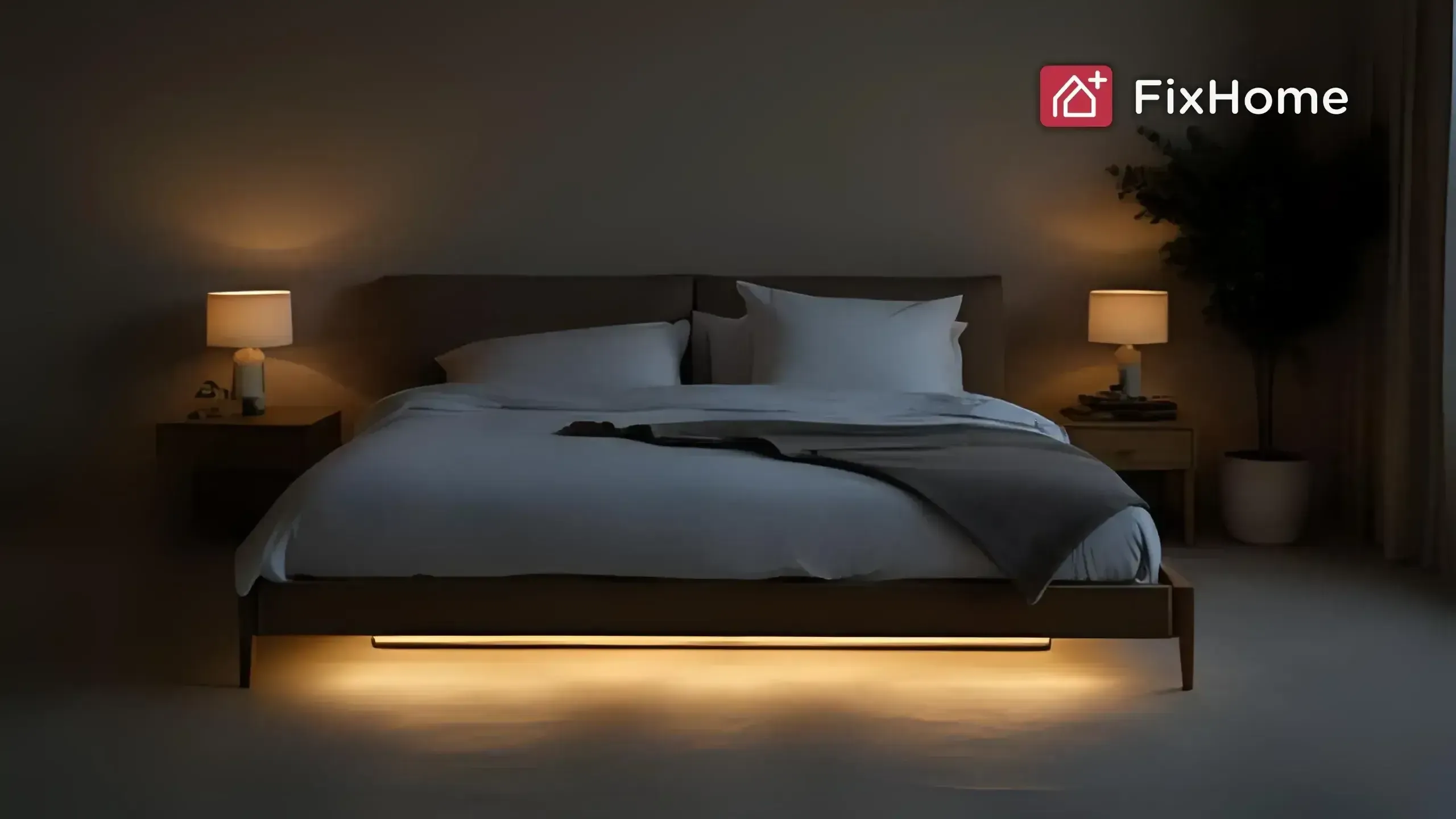 A cozy bedroom with a wooden bed, soft white sheets, and ambient lighting underneath