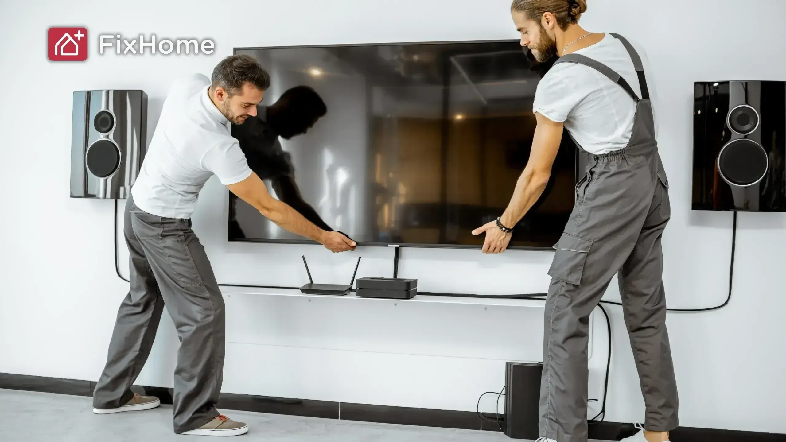 2 handymen while mounting a large TV on the wall