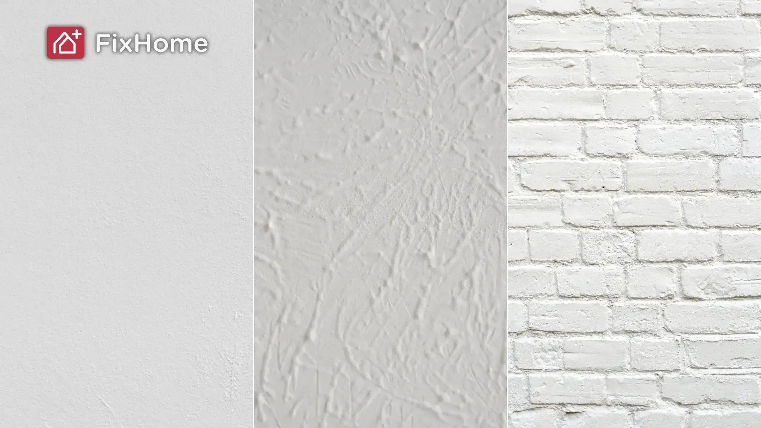 Three vertical panels showing different white wall textures: smooth drywall, textured plaster, and painted brick