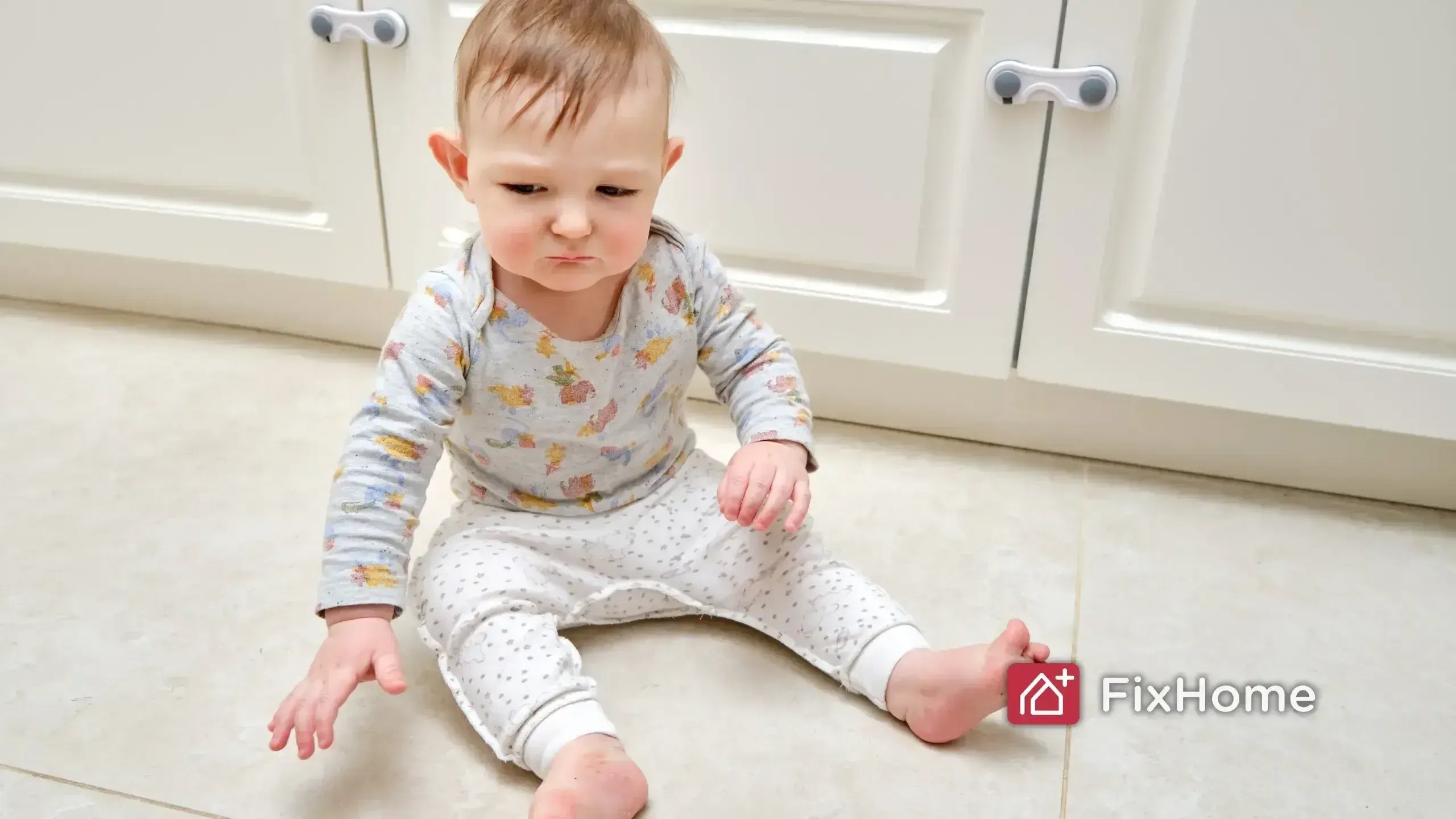 Baby sit on the floor close to kitchen cabinets with cabinet locks