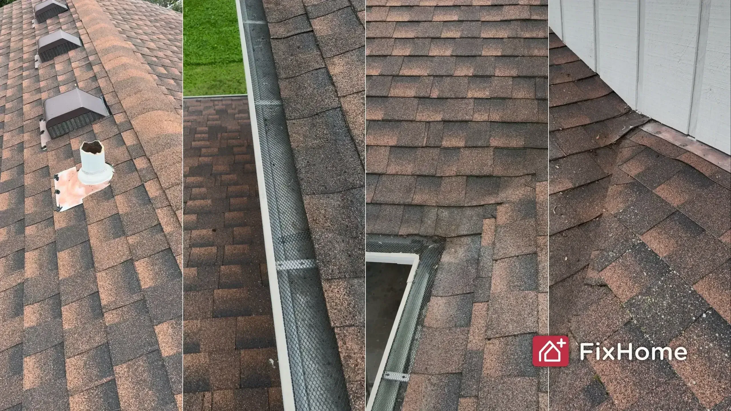 A roof with various shingles, showing different angles, vents, and potential wear