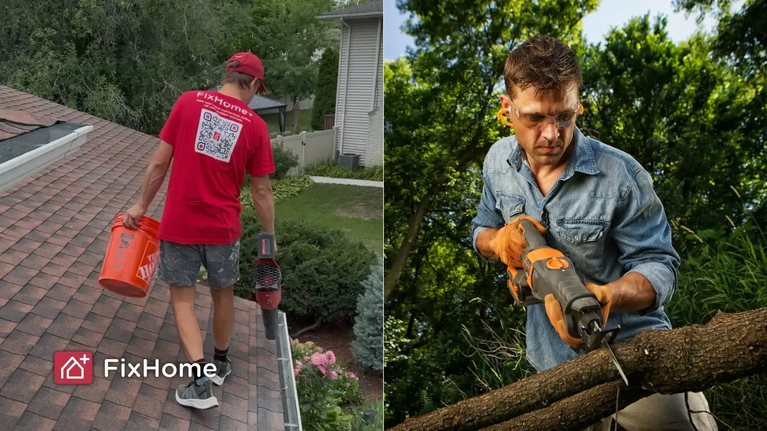 Collage of two photos with handyman cleaning gutter and trimming brenches