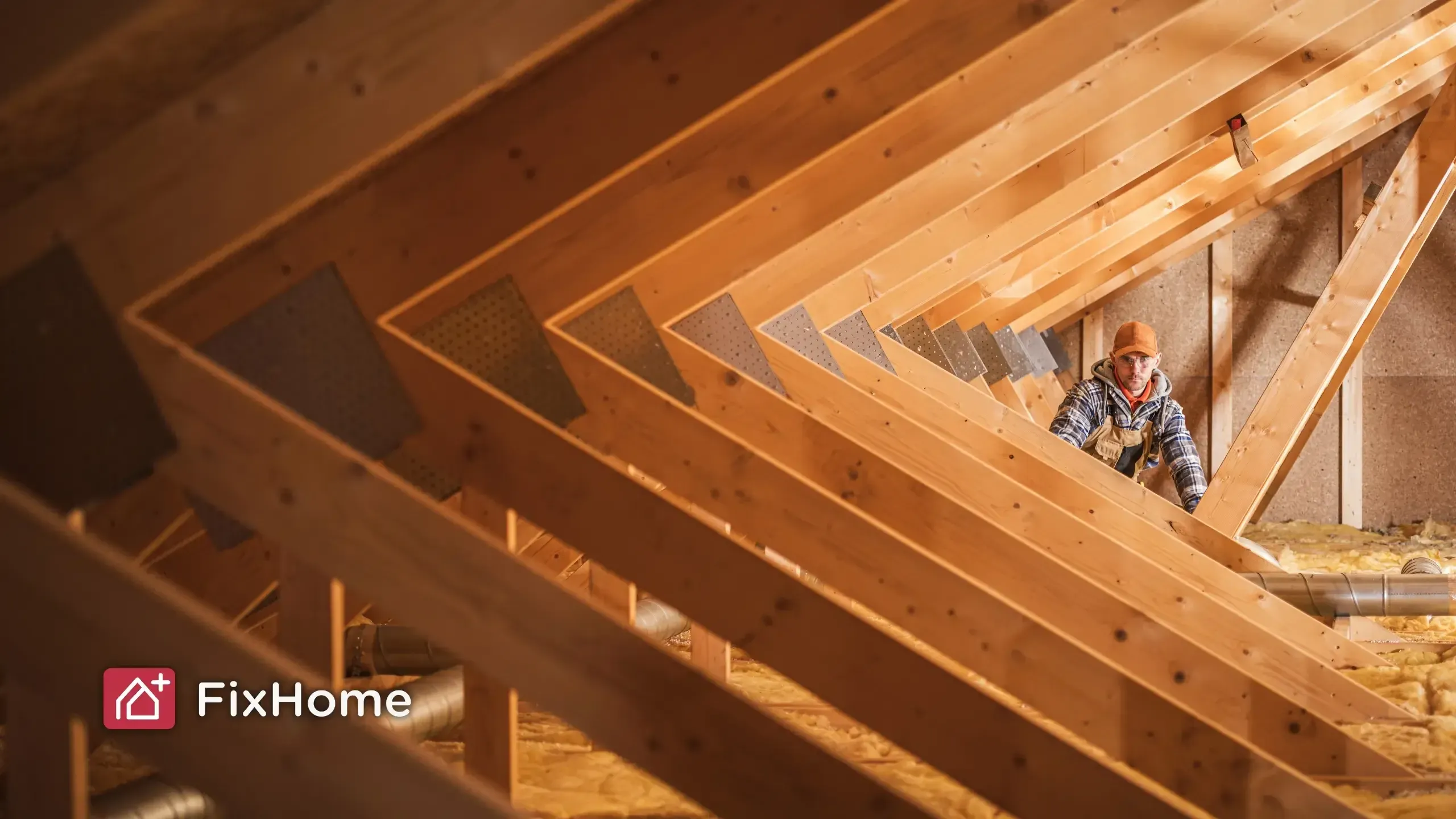 A contractor in a warm hat and overalls inspects an attic with wooden beams for leaks