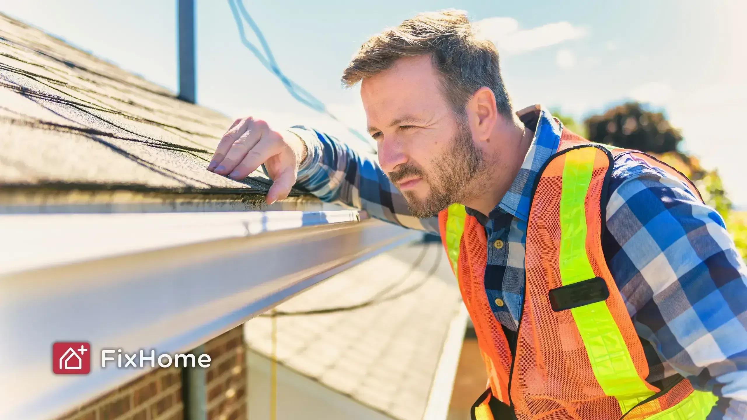 A man in a safety vest inspecting a roof and gutter, looking closely at the materials