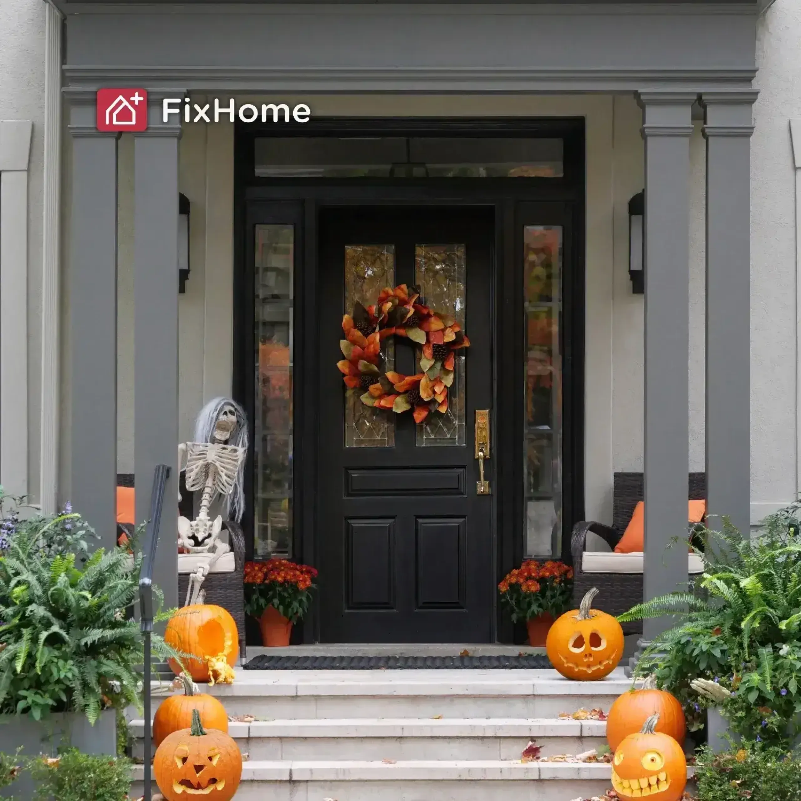 A front porch decorated for halloween with pumpkins and wreaths