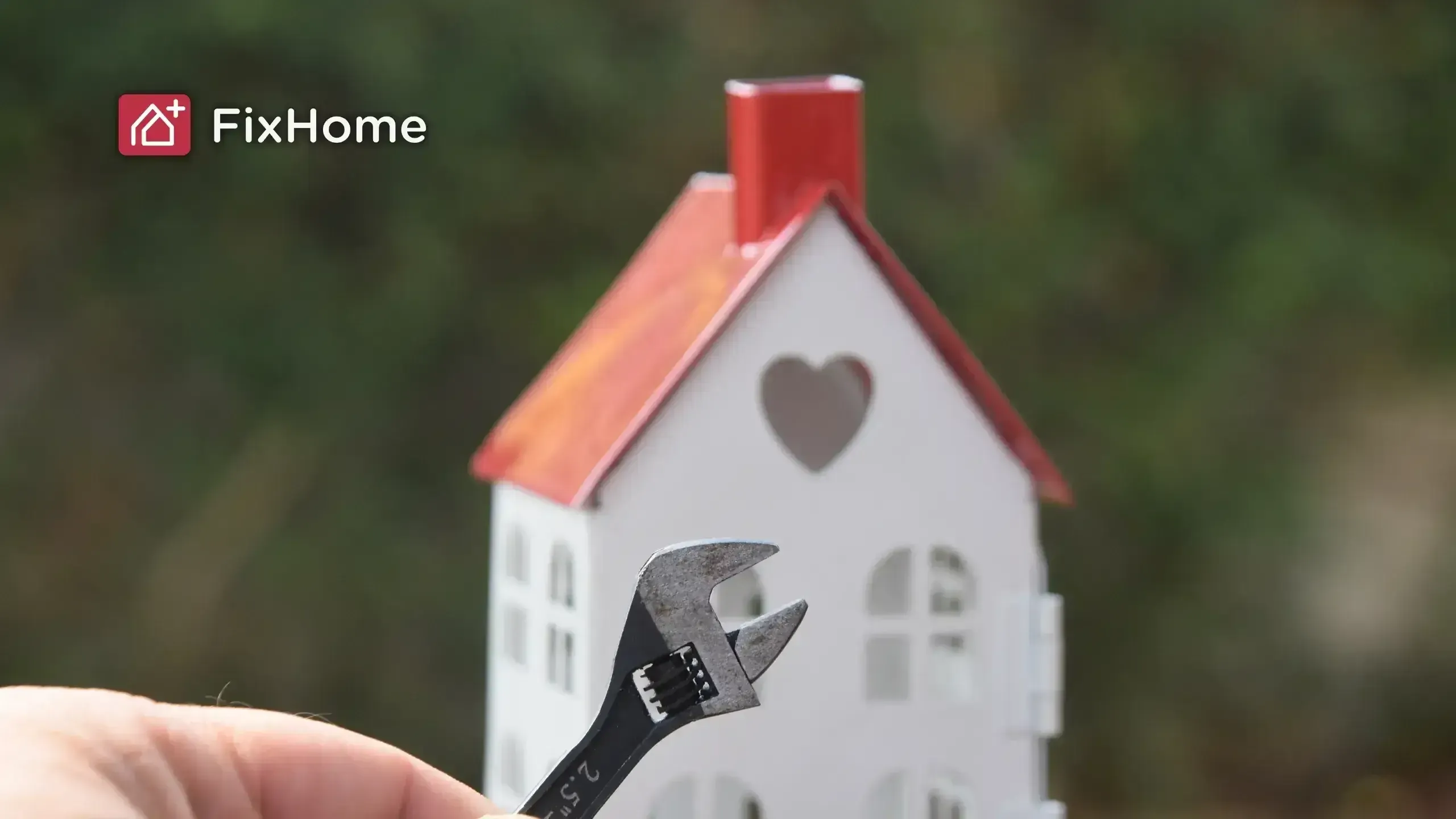 A hand with a small wrench in front of a blurred small home