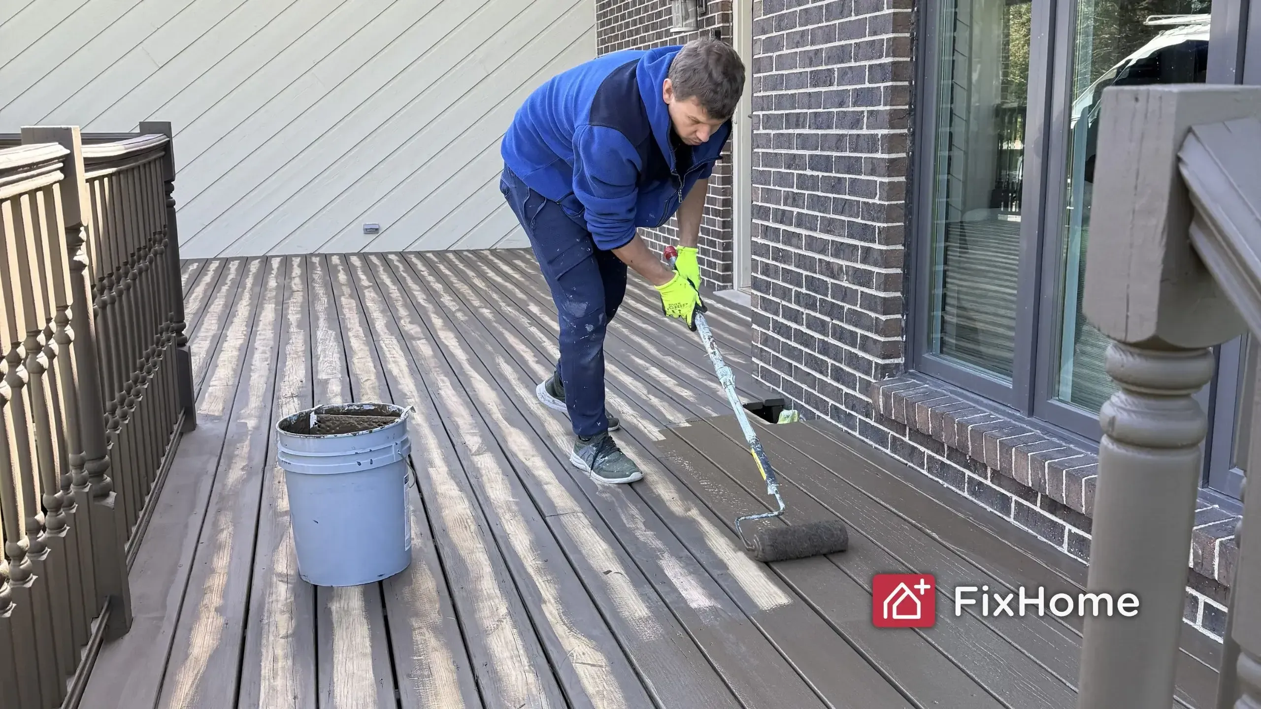 FixHome+ handyman painting deck surface with roller after deck repair