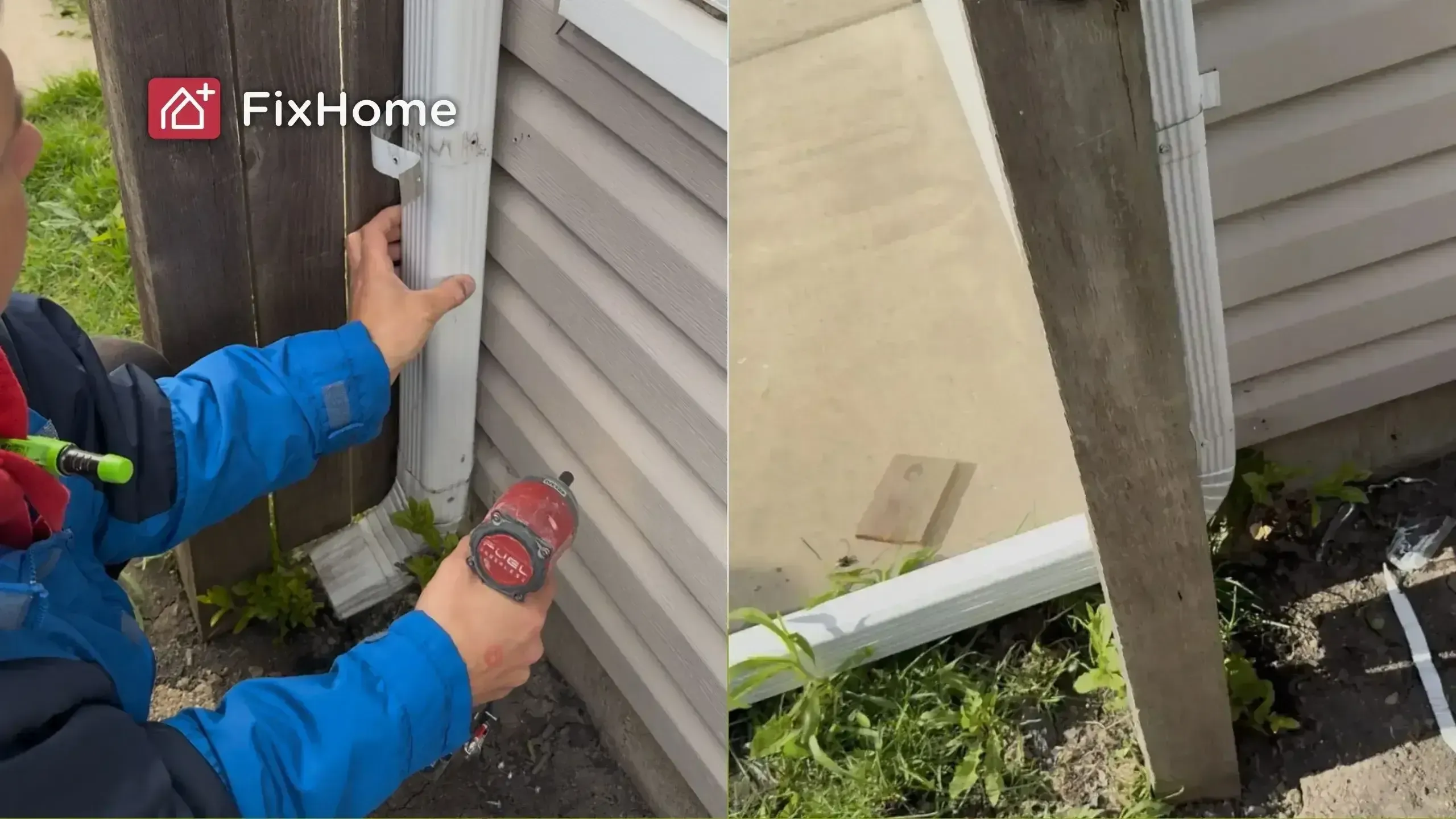 Wall-mounted downspout secured to siding and rerouted drain extension — Mundelein, IL