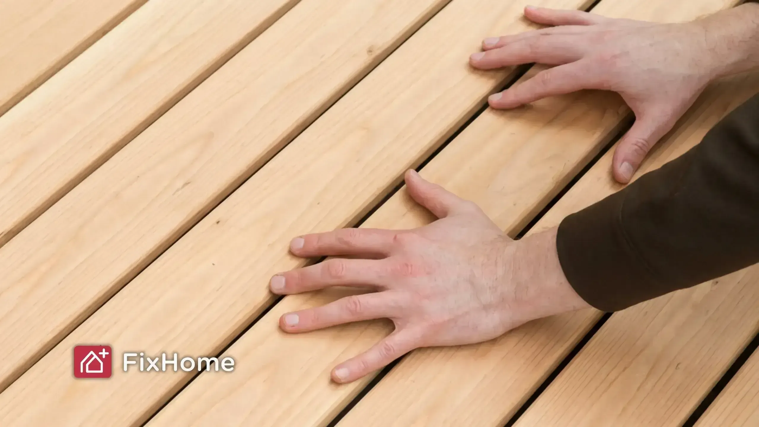 Two hands pressed flat against wooden deck boards to test surface temperature