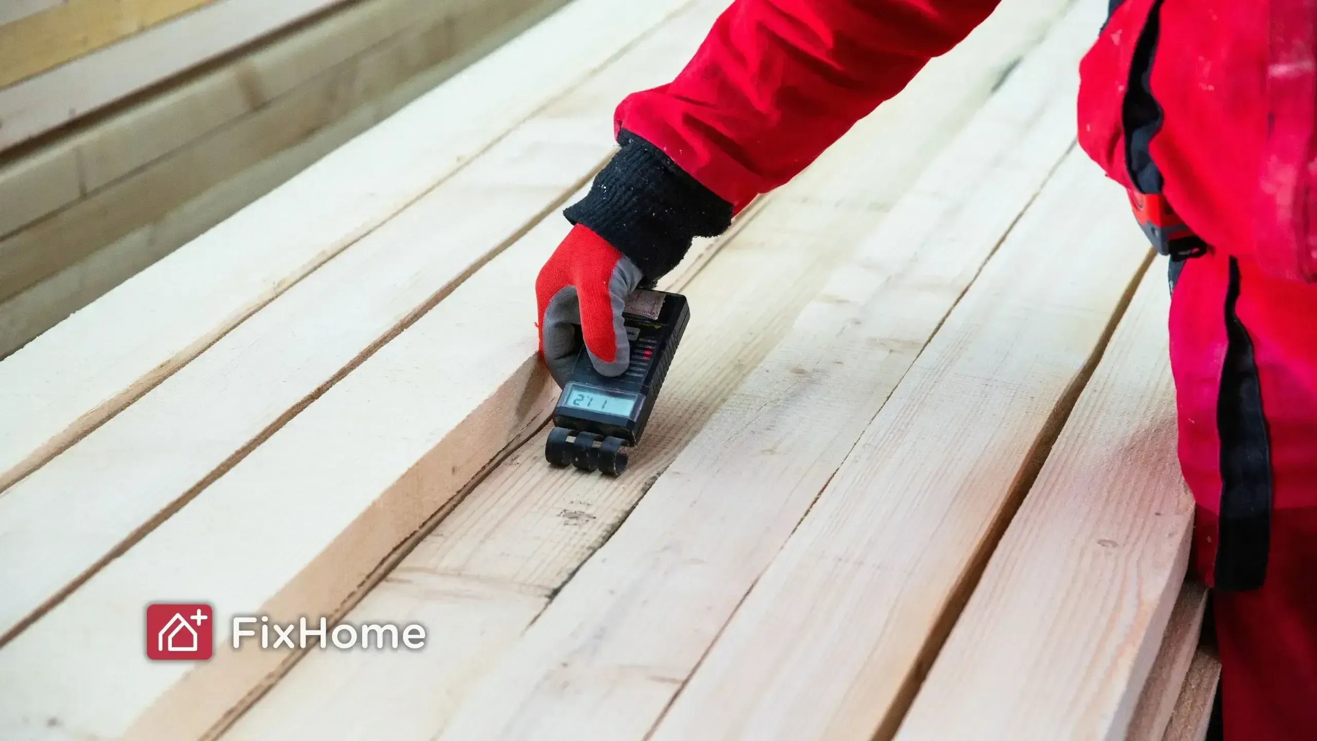 Worker checking wood moisture content with a handheld moisture meter on deck boards