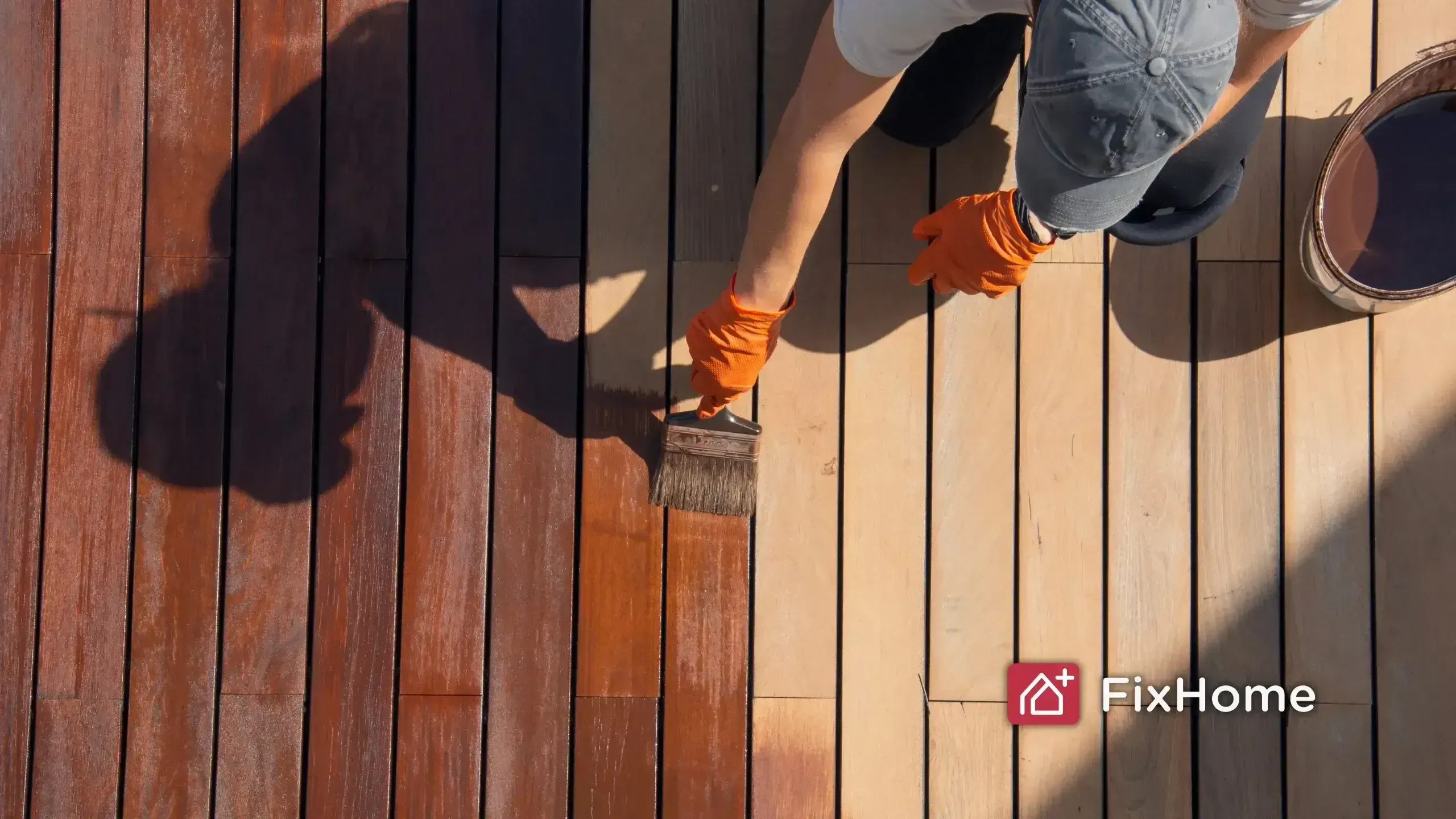 Worker applying solid stain to a wood deck with a brush, overhead view
