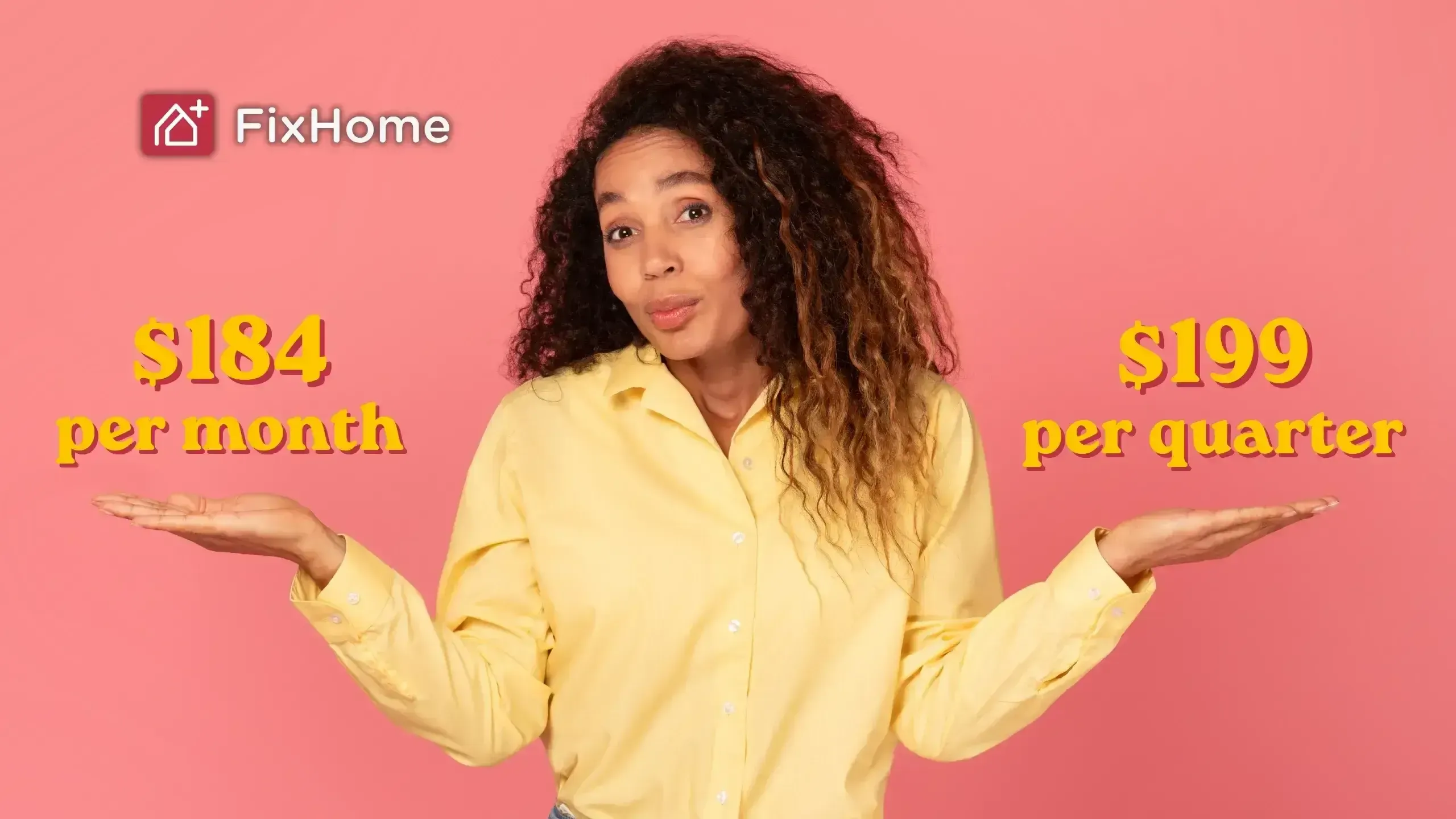 Black woman weighing price options $184 per month and $199 per quarter on pink backdrop with FHP logo in the corner