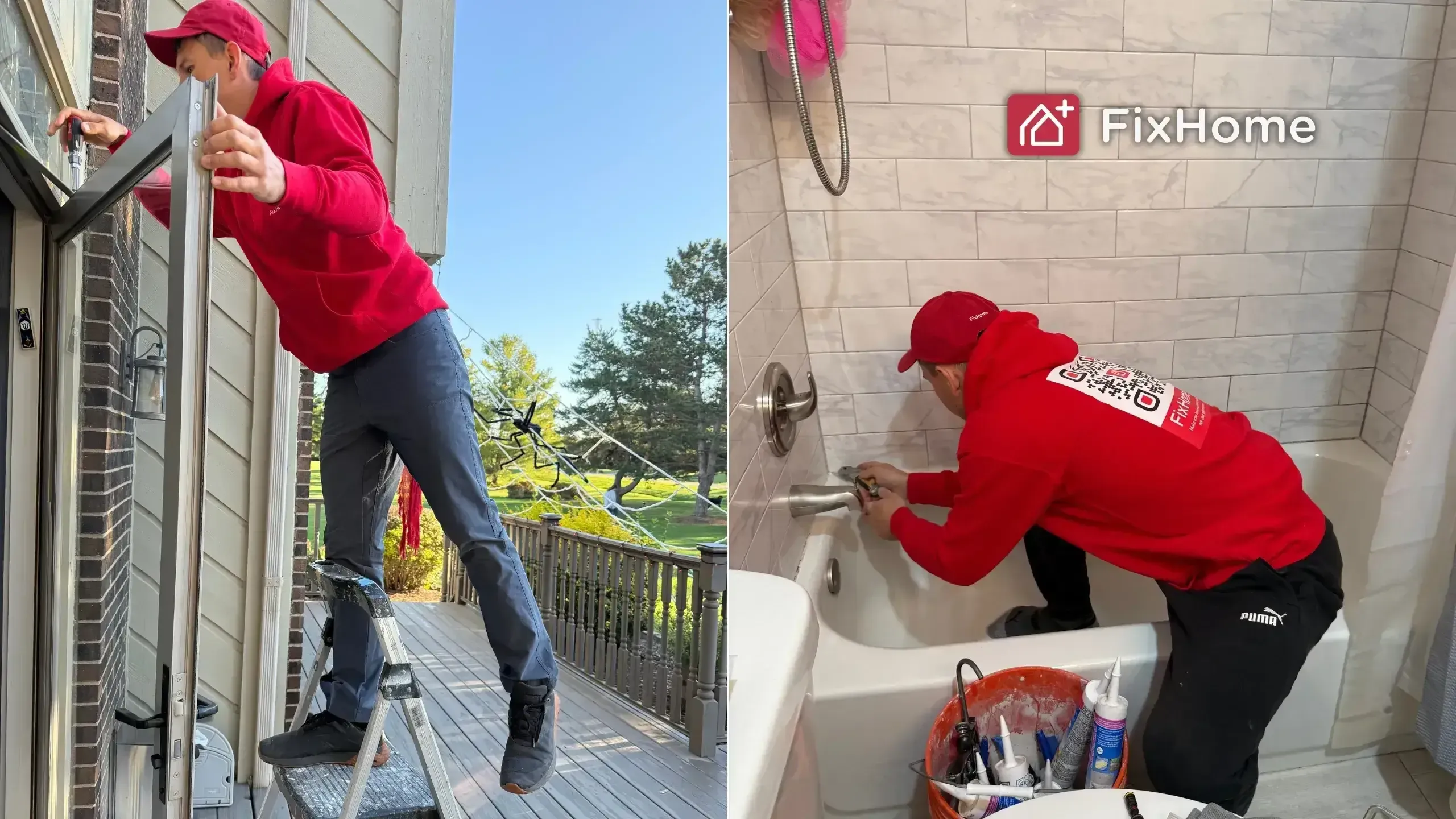 Split image of handyman fixing exterior door closing mechanism on left and recaulking bathroom on right