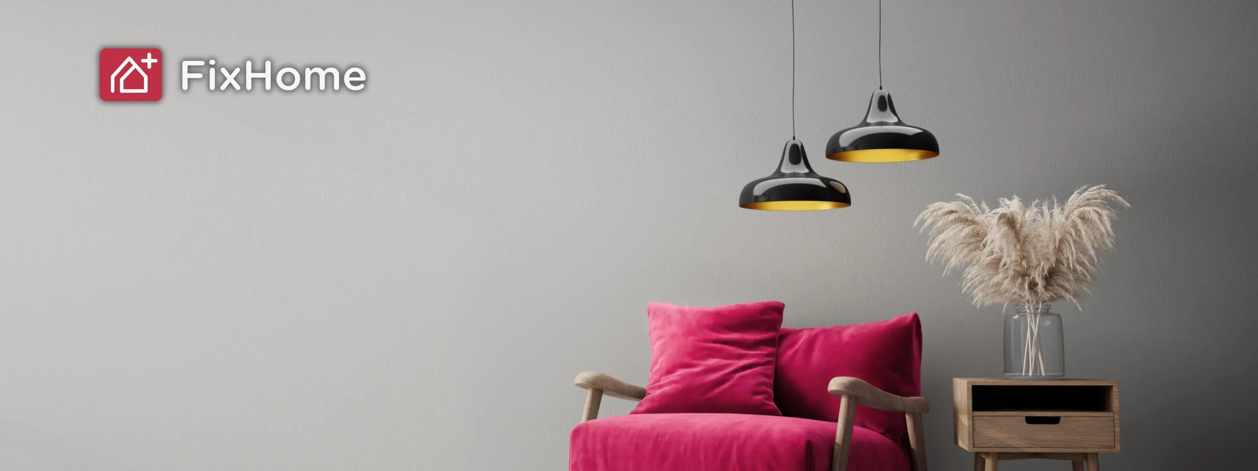 Modern living room with gray walls, red chair, stylish lights