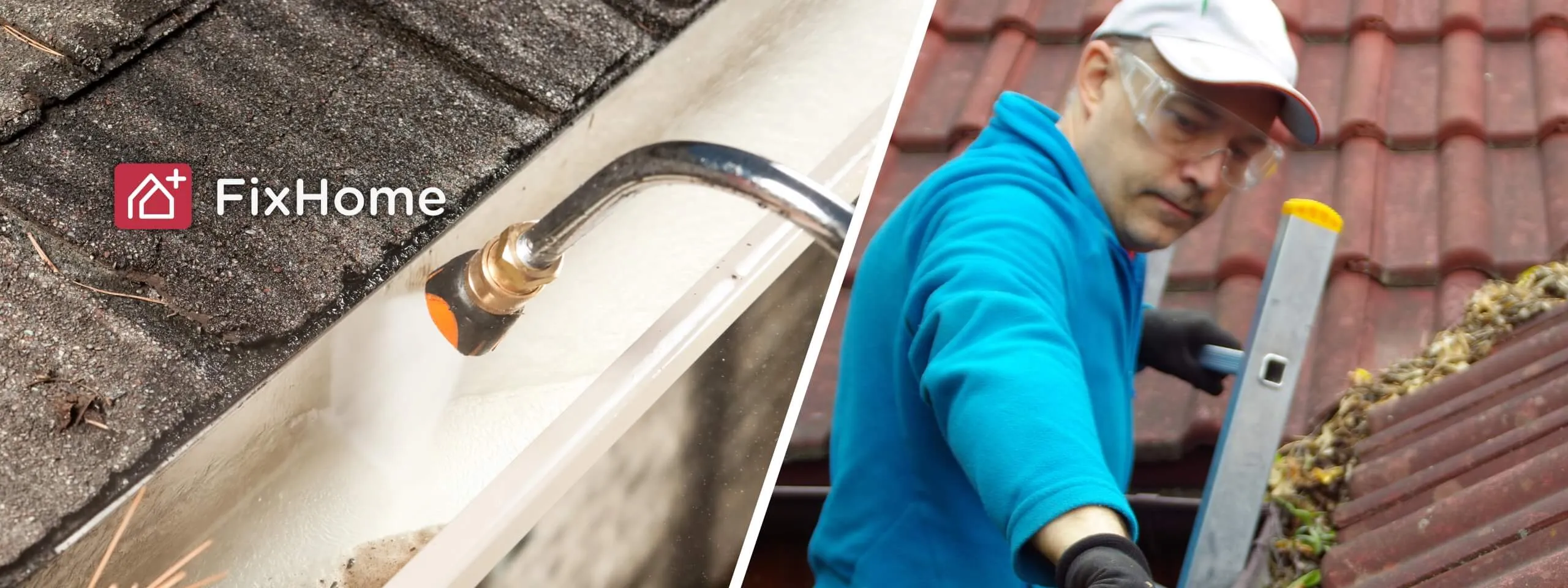 Gutter cleaning wand and man from ladder cleaning it by hands