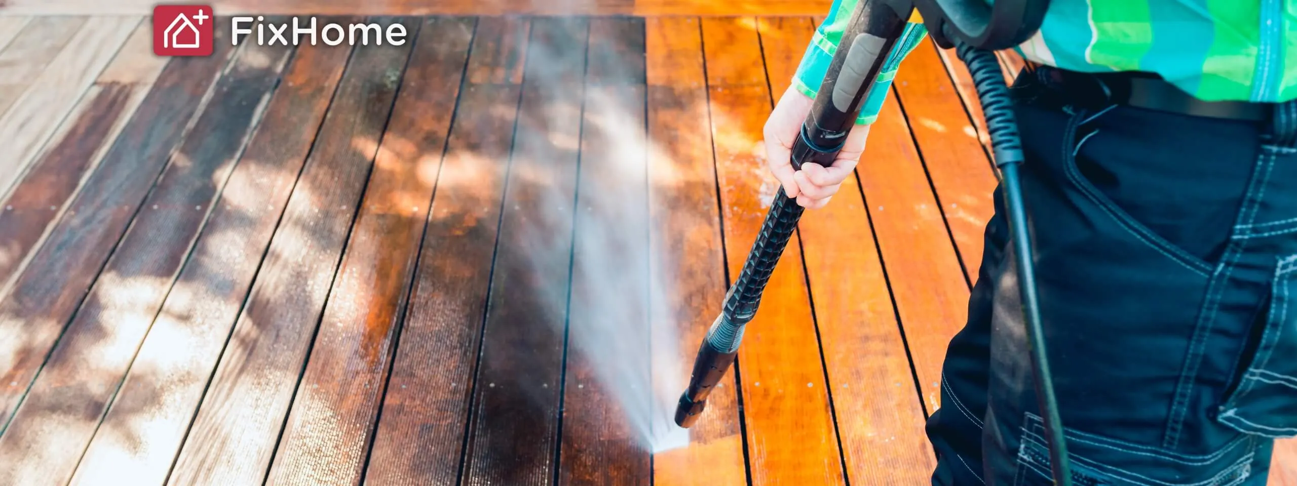 Before-and-after view of a pressure-washed wooden deck