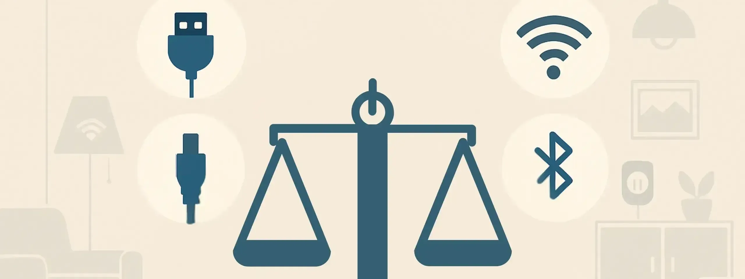 Stylized balance scale surrounded by icons for USB, HDMI, Wi-Fi, and Bluetooth representing smart home connectivity