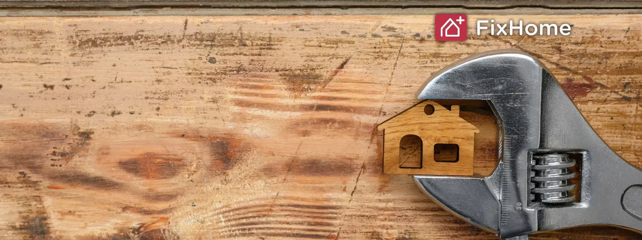 Wooden surface with crescent wrench catching the small house