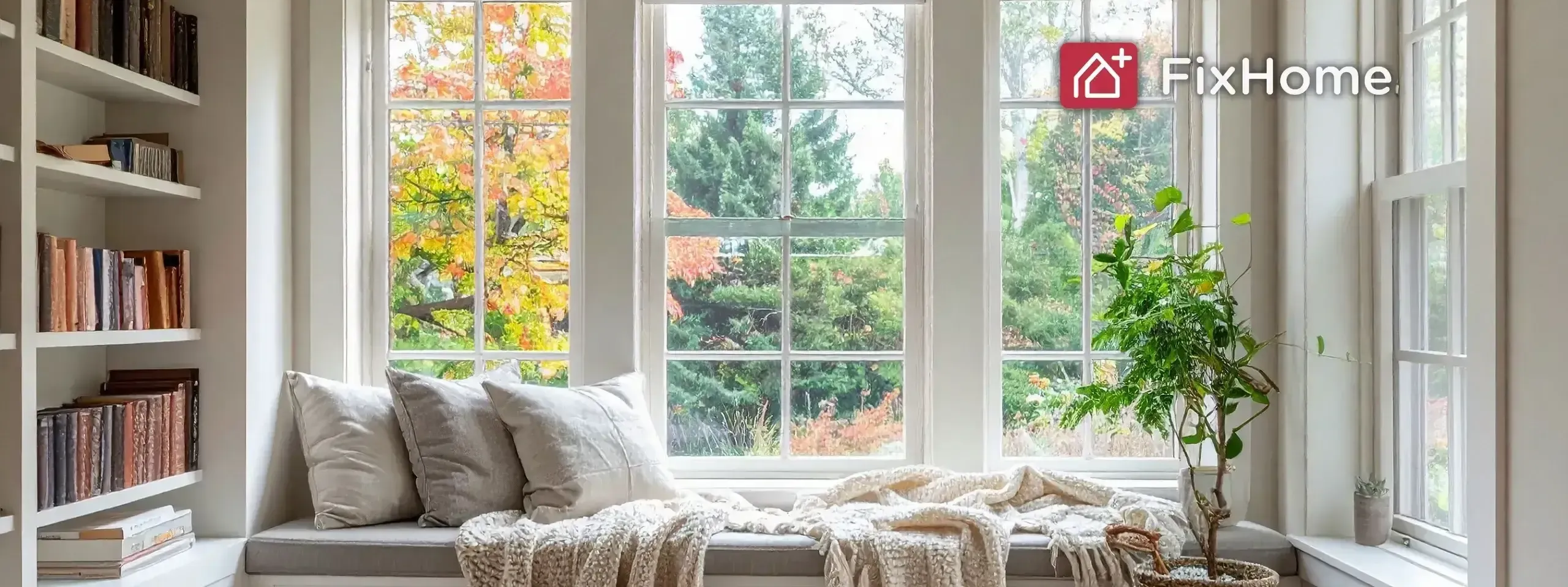 A cozy room with a large window with fall landscape behind, seat and bookshelves FHP