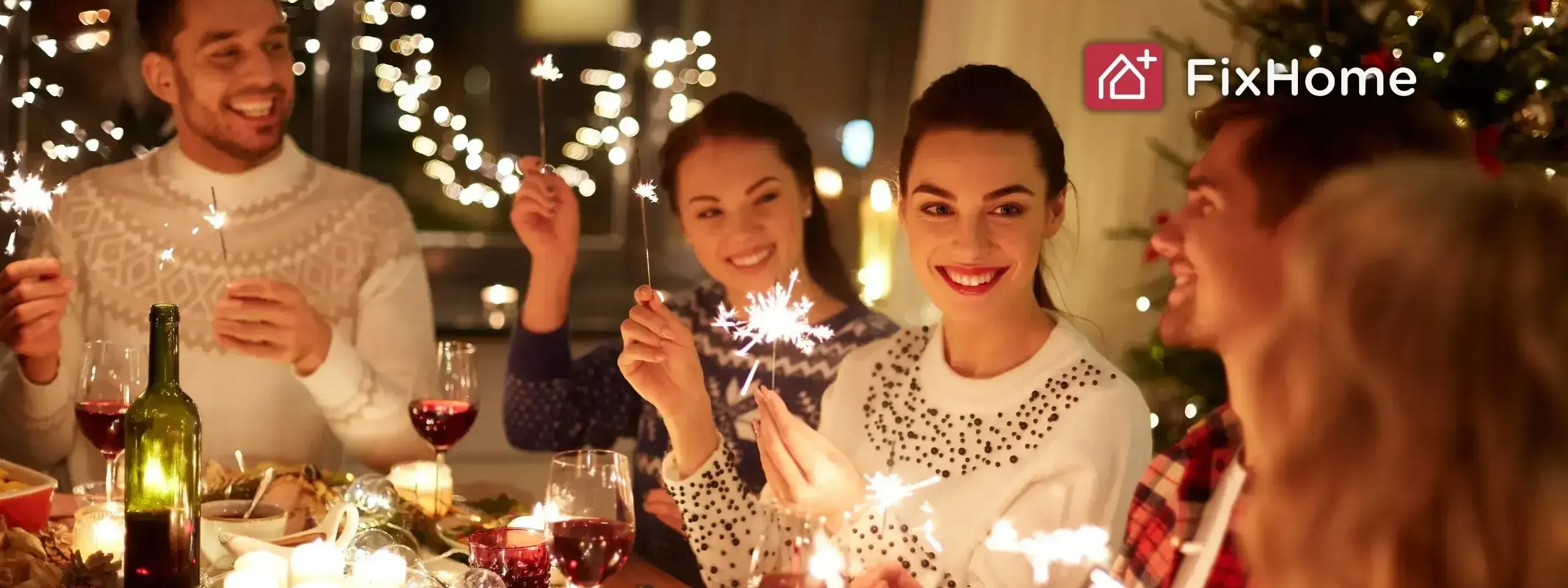 Happy Friends Celebrating Christmas at Home Feast