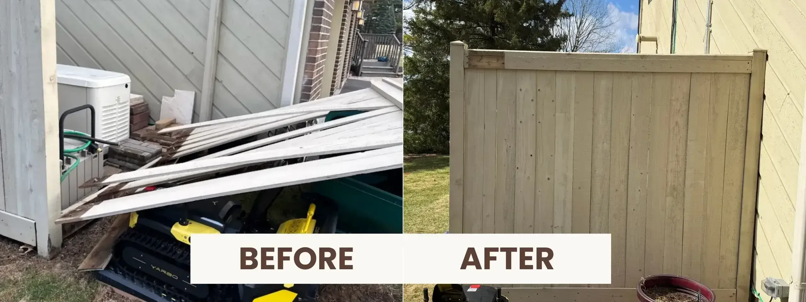 Before and after fence repair in Lake Zurich showing messy utility area on left and clean fence on right
