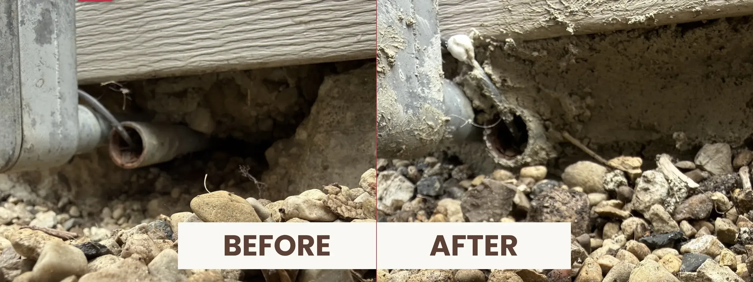 Before‑and‑after image of foundation gap sealing work, highlighting the repaired area beneath a Mundelein home exterior.
