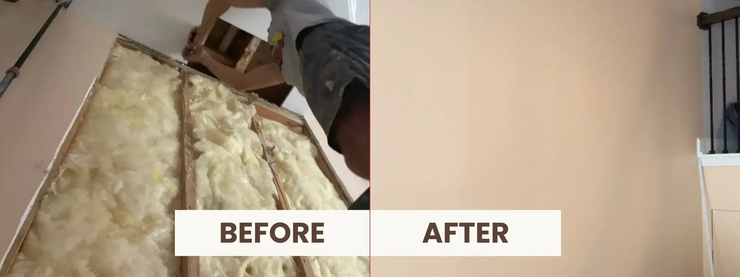 A drywall repair in Wheeling, IL, before and after. Left shows exposed insulation and frame, right shows a finished light brown wall