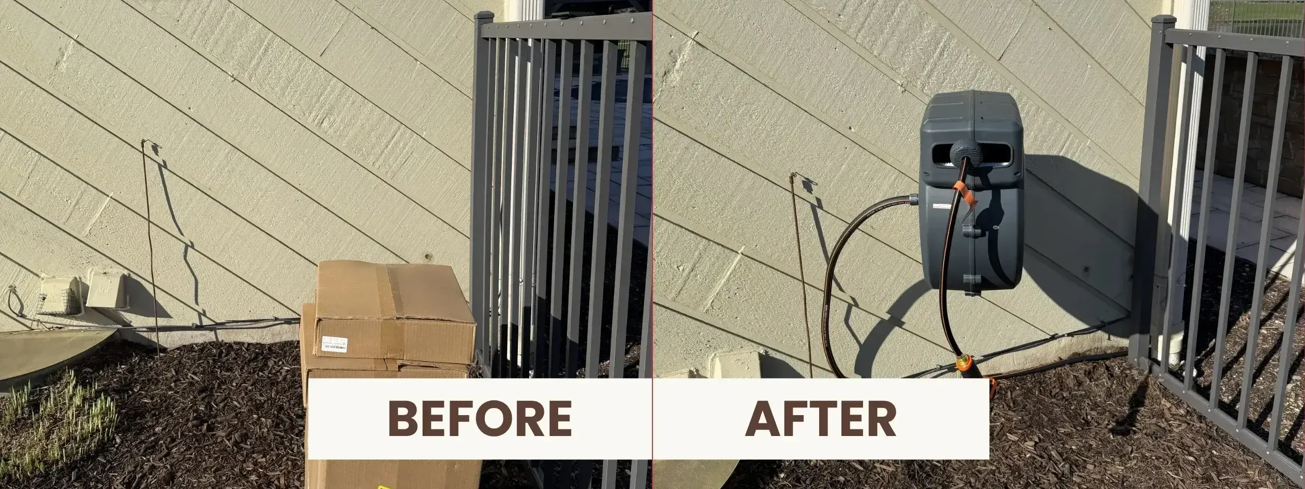 Professional Hose Reel Installation in Hawthorn Woods labeled "before" & "after." Comparison showing a cardboard box on the ground and a mounted hose reel