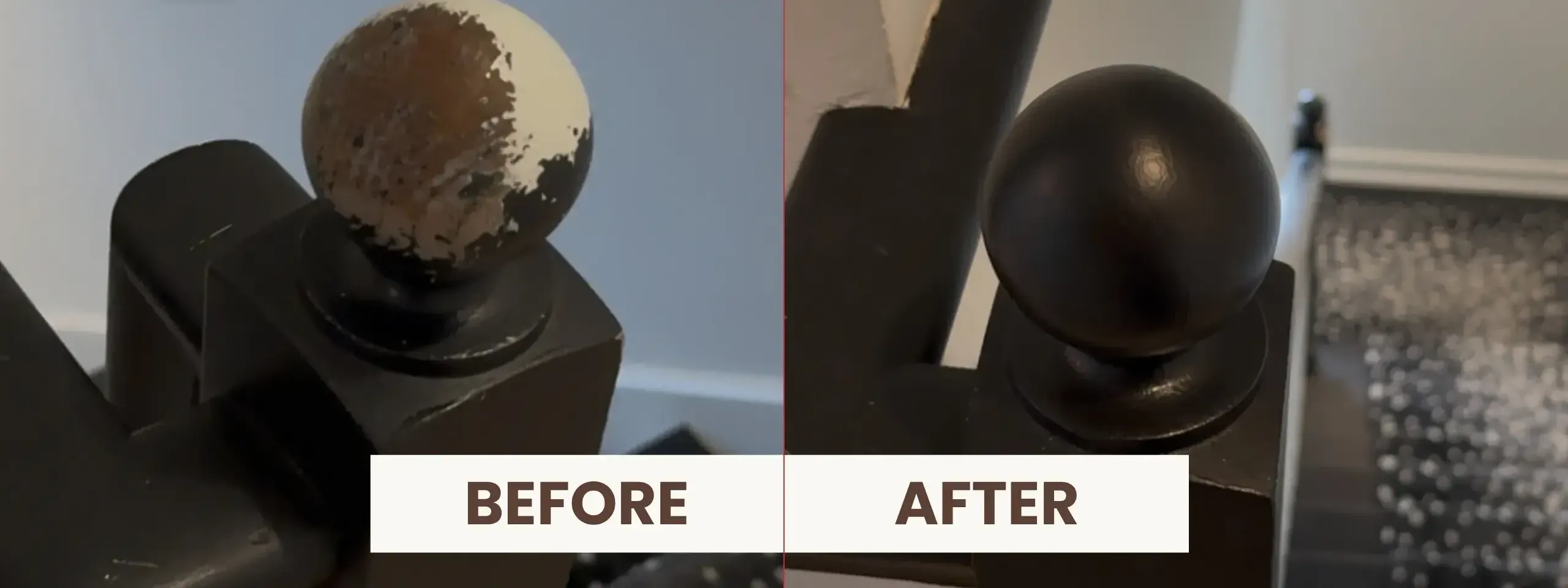 Before and after split-image of a restored staircase finial ball. The left side is chipped and worn, while the right side shows a smooth, restored finish.
