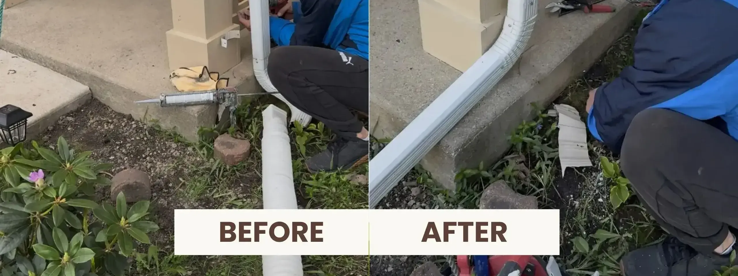 Downspout cleaning and rerouting in Mundelein, IL, before and after