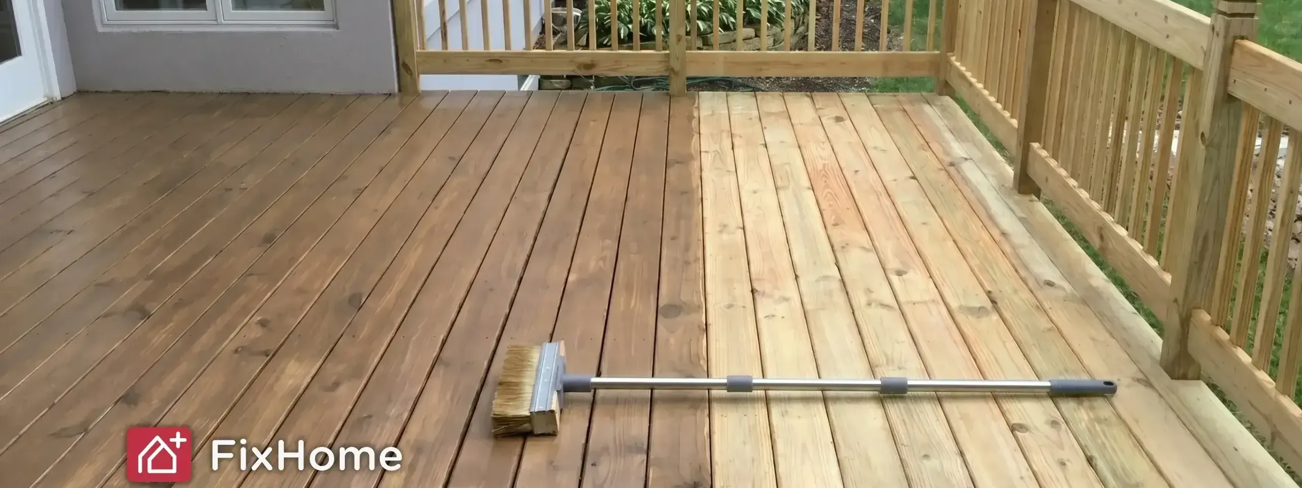 A suburban wood deck mid-staining — half the boards already stained to a warm brown, the other half still bare, with a long-handled brush resting across the work line