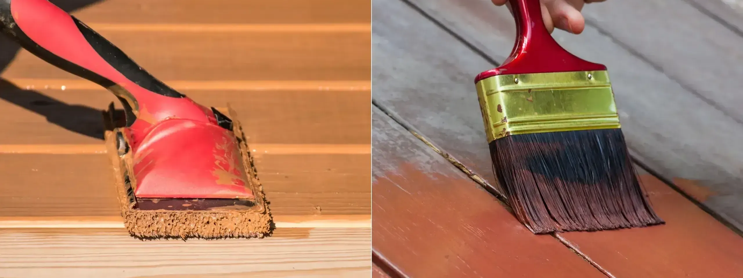 Split image showing a wooden deck being treated with stain versus paint with FixHomeplus logo