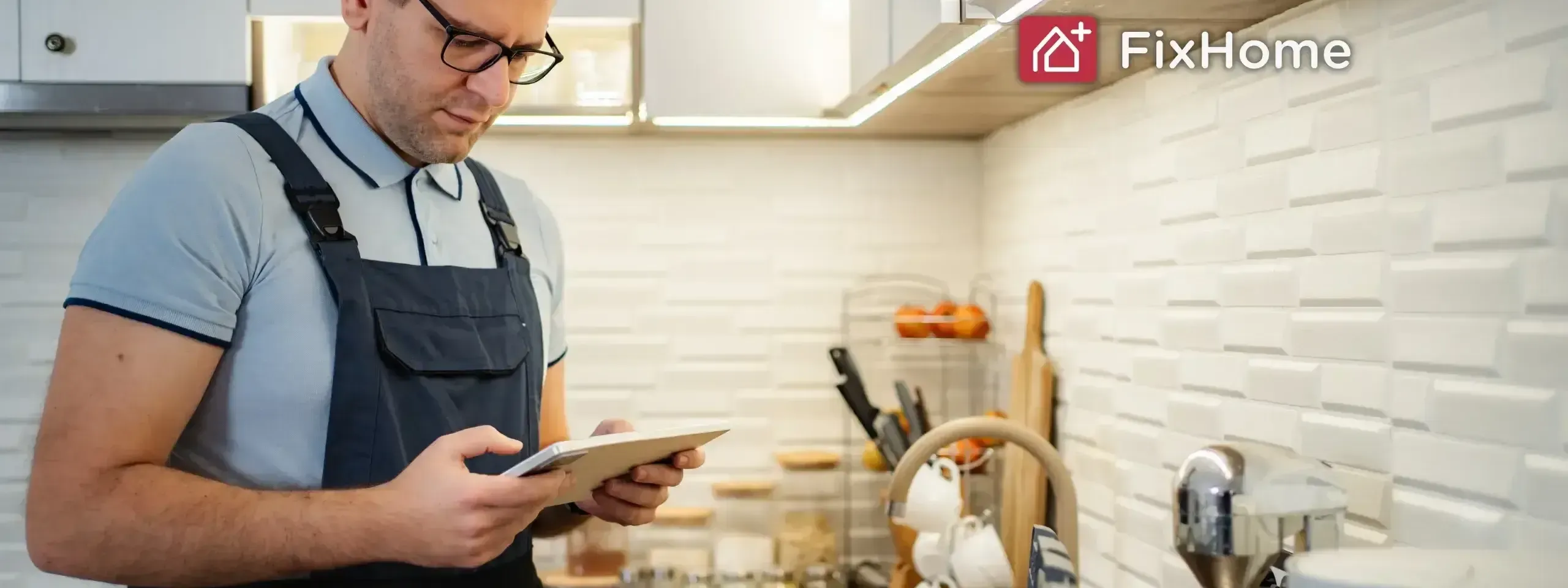 Handyman using a tablet to review a home repair service job in a kitchen