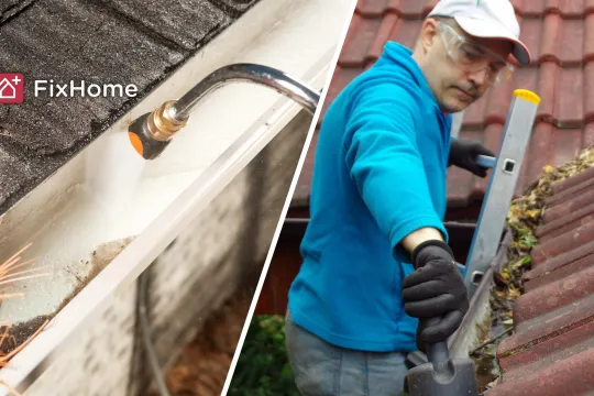 Gutter cleaning wand and man from ladder cleaning it by hands