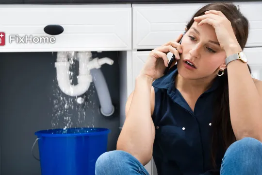A woman calling the handyman when under sinking pipe leaks