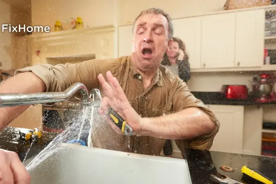 Person fixing a faucet with water spraying out, holding a wrench, in a kitchen