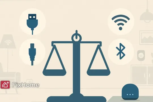 Stylized balance scale surrounded by icons for USB, HDMI, Wi-Fi, and Bluetooth representing smart home connectivity