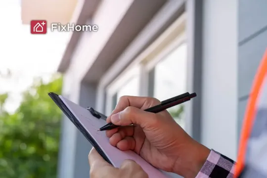 A home inspector writing on a clipboard with a pen outside a house, greenery in background. 