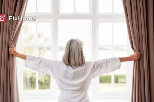 An old woman with silver hair opens the curtains in a bright room