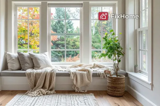 A cozy room with a large window with fall landscape behind, seat and bookshelves FHP