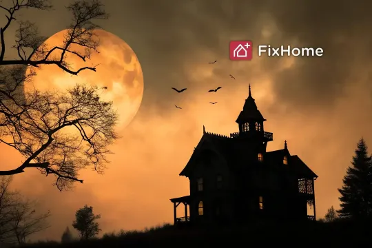 Spooky Silhouette of a Victorian House Under a Large Orange Moon
