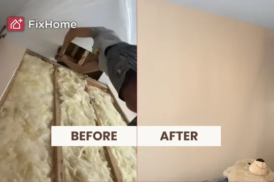 A drywall repair in Wheeling, IL, before and after. Left shows exposed insulation and frame, right shows a finished light brown wall