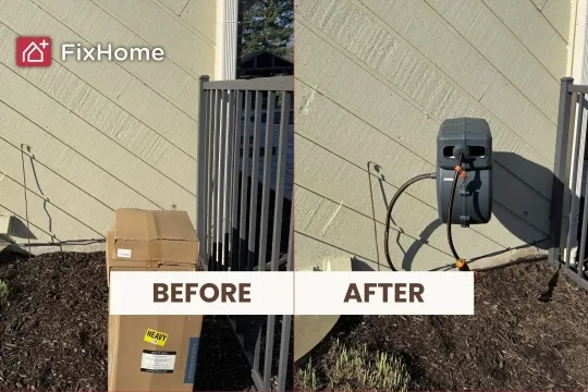 Professional Hose Reel Installation in Hawthorn Woods labeled "before" & "after." Comparison showing a cardboard box on the ground and a mounted hose reel