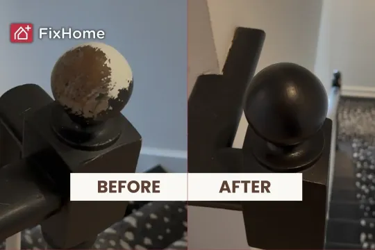 Before and after split-image of a restored staircase finial ball. The left side is chipped and worn, while the right side shows a smooth, restored finish.