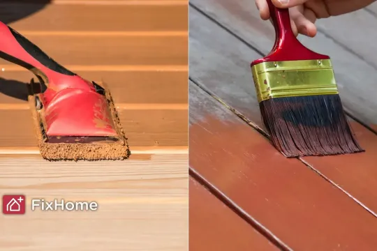 Split image showing a wooden deck being treated with stain versus paint with FixHomeplus logo