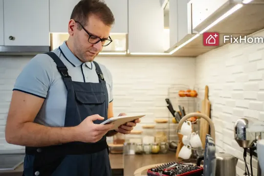 Handyman using a tablet to review a home repair service job in a kitchen